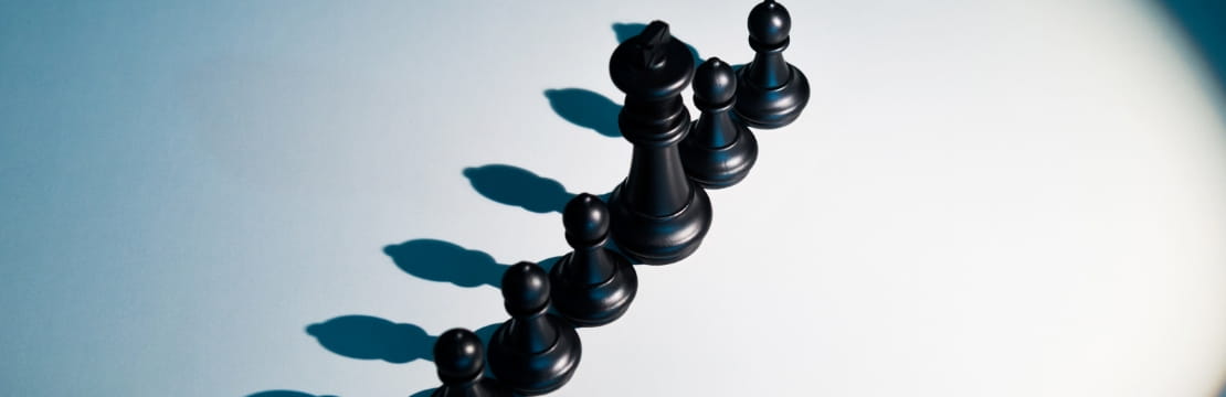 Black chess pieces arranged in a diagonal line on a light surface, casting long shadows